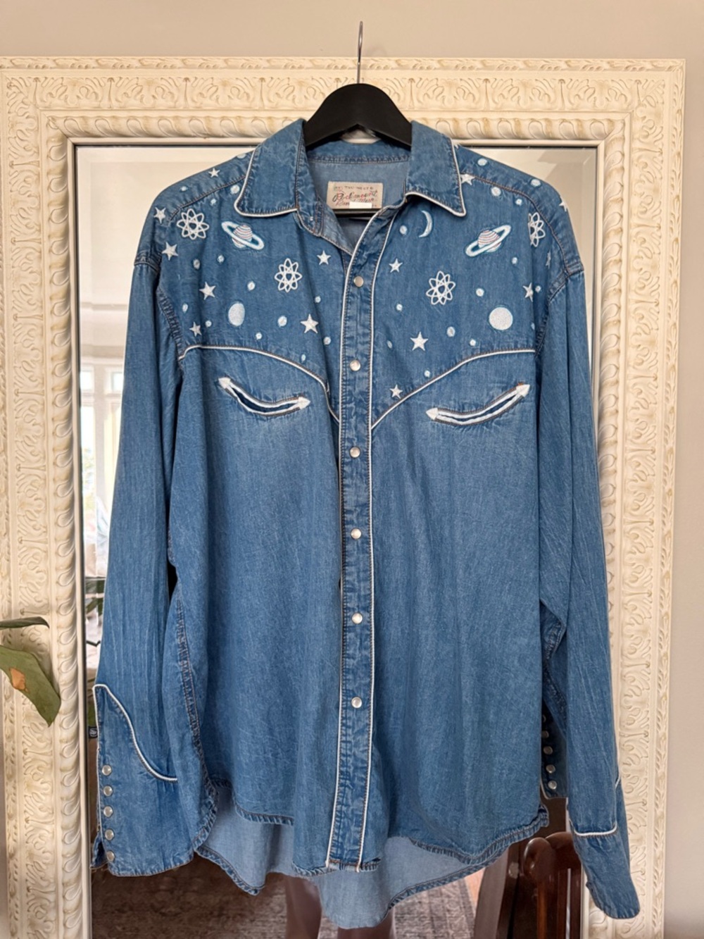 Vintage Inspired Blue Denim Button-Down Shirt with Space Embroidery